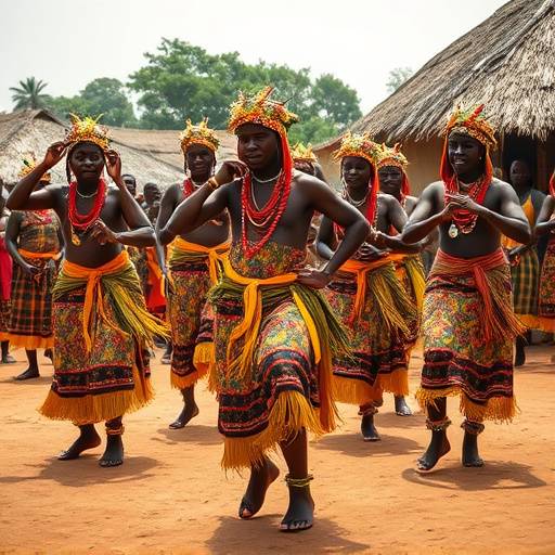 A group of people participating in a cultural dance performance in a rural Ugandan village