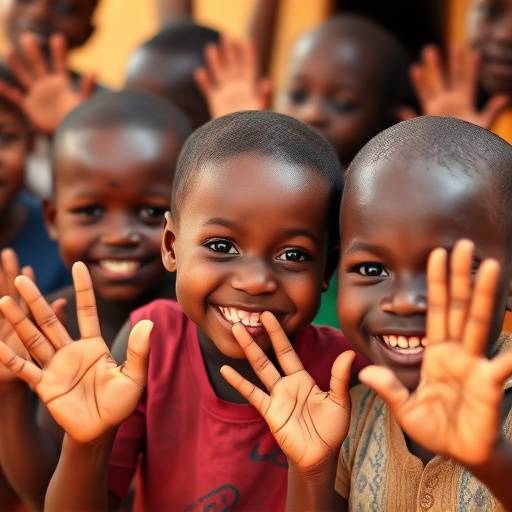 A group of Ugandan children smiling and waving, showcasing their welcoming nature
