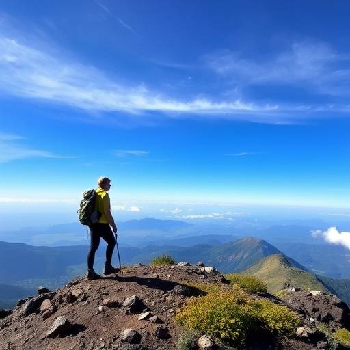 A hiker standing on the summit of Mount Elgon, overlooking the vast landscape below