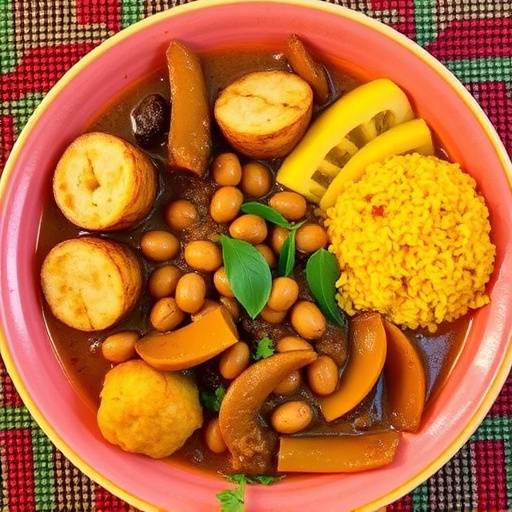 A spread of traditional Ugandan dishes, including matooke and groundnut stew