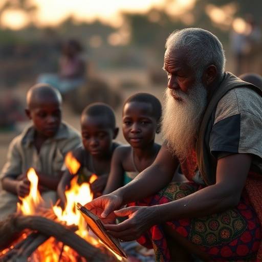 A Ugandan village elder sharing stories with children around a fire