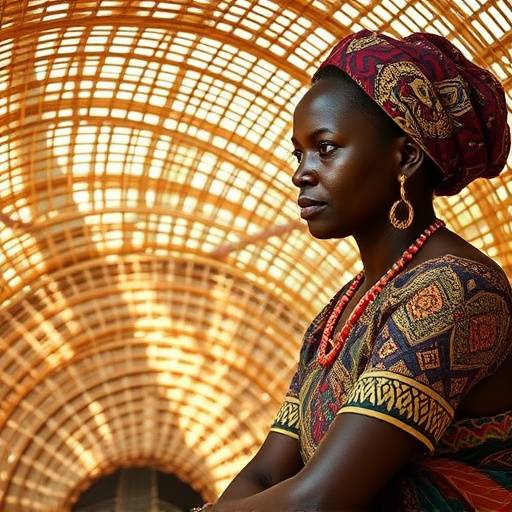 A Ugandan woman weaving a basket with intricate patterns
