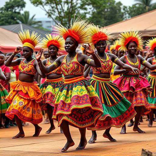 A vibrant traditional Ugandan dance performance, with dancers in colorful costumes