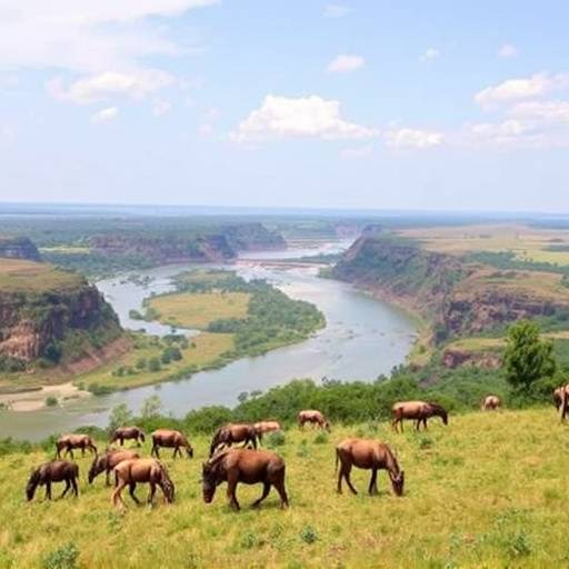 Murchison Falls National Park: A panoramic view of the Nile River flowing through the park with abundant wildlife grazing on the banks.