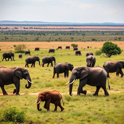 Queen Elizabeth National Park scenery with elephants grazing
