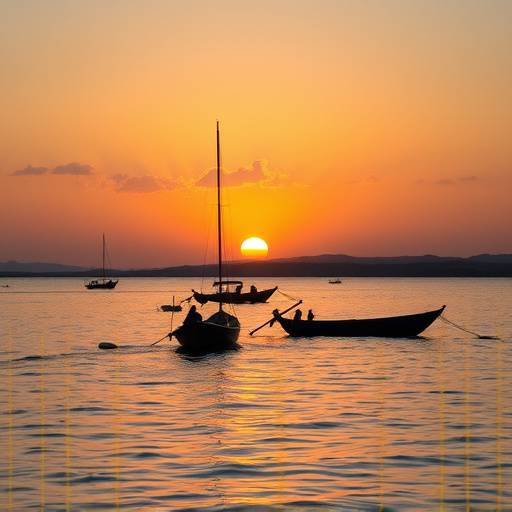 Sunset over Lake Victoria with fishing boats