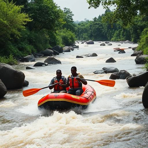 White water rafting adventure: Thrilling scene of people rafting down a rapid section of the Nile River in Jinja.